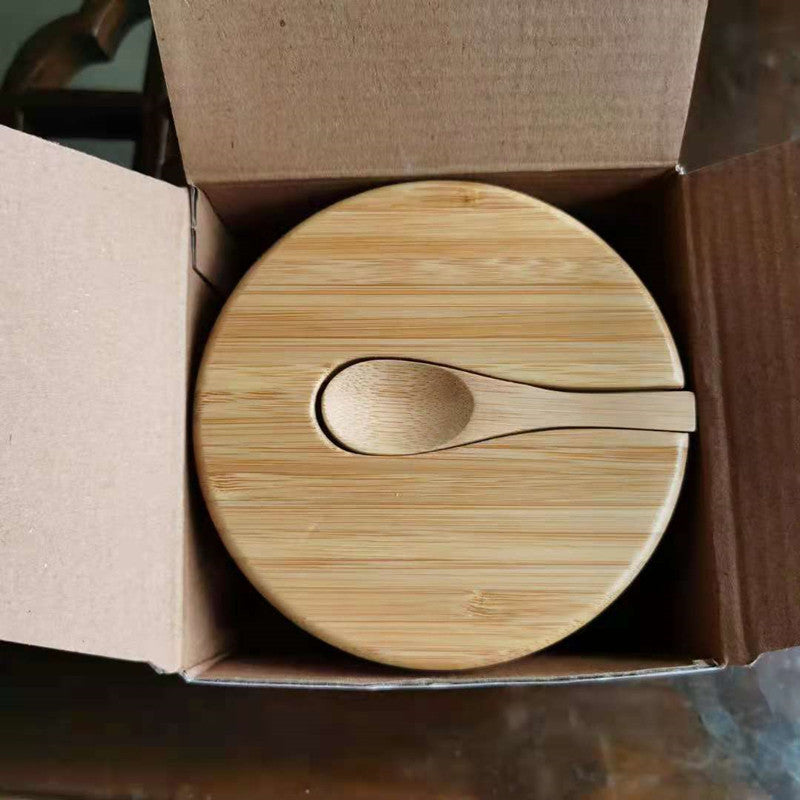 Bamboo Seasoning Jar Condiment Dispenser Bamboo Salt Jar With Spoon Kitchen Storage Seasoning Containers