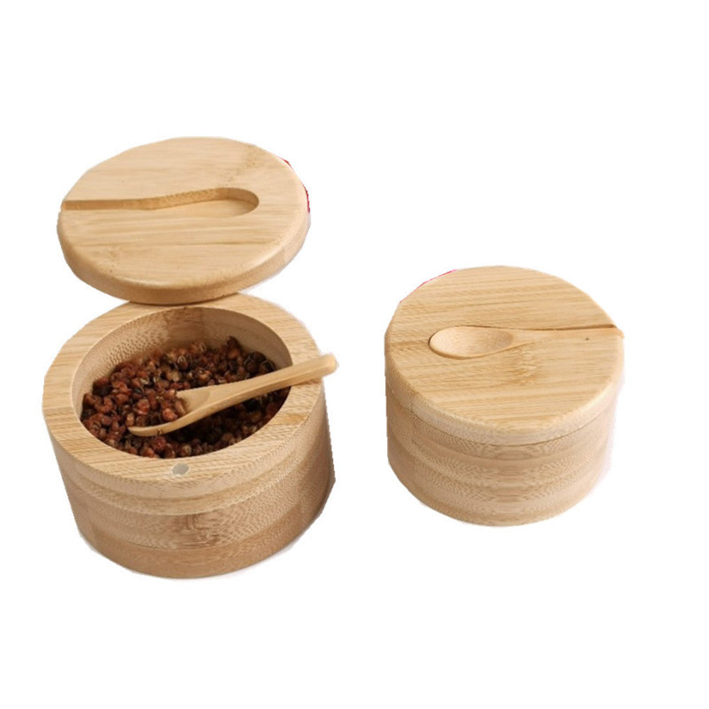 Bamboo Seasoning Jar Condiment Dispenser Bamboo Salt Jar With Spoon Kitchen Storage Seasoning Containers
